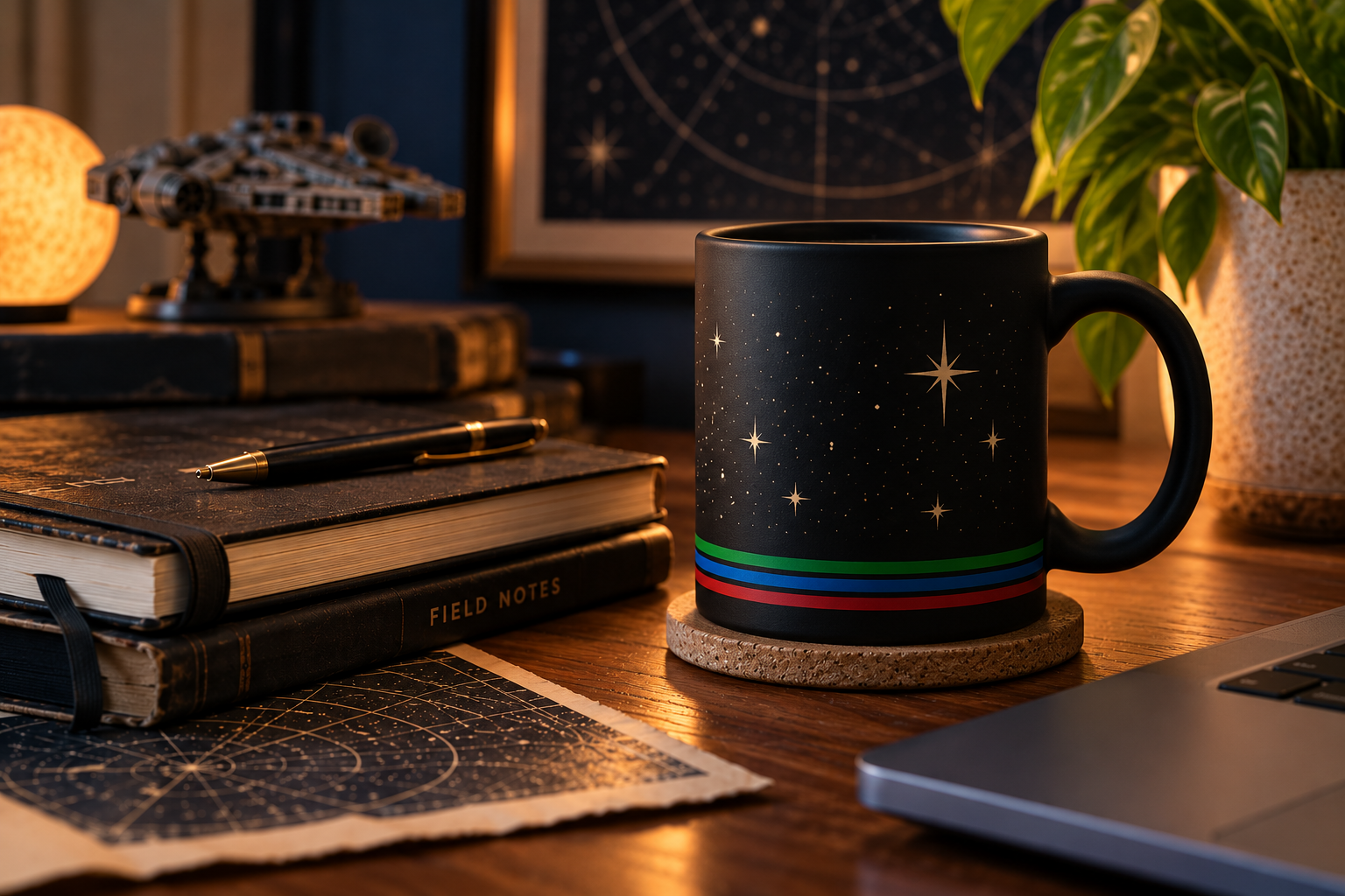 Matte black mug with golden stars and green, blue and red stripes, on a desk with field notebooks