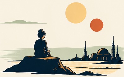 Illustrated figure looking toward two suns over a distant skyline